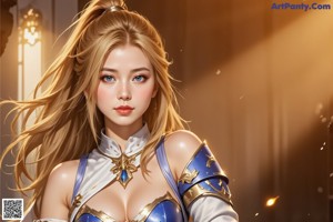 A woman in a blue and white outfit holding a sword.