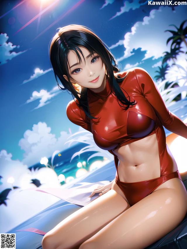 A woman in a red bikini sitting on a beach.