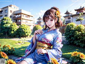 A woman in a blue kimono standing in front of a window.