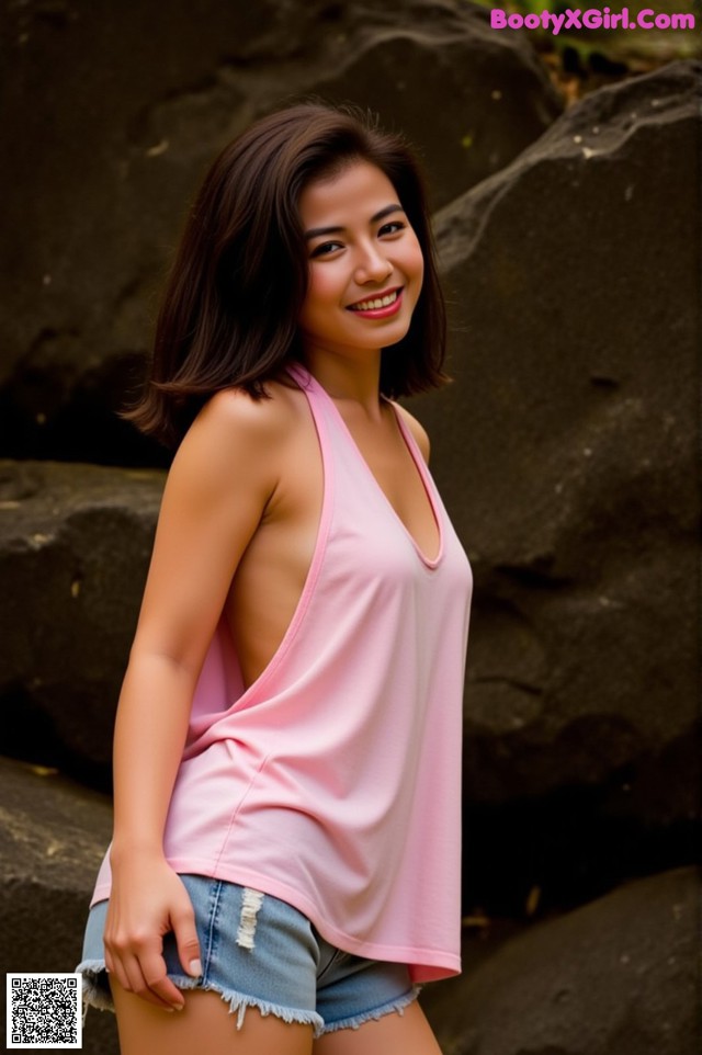 A woman in a pink tank top and denim shorts posing for a picture.