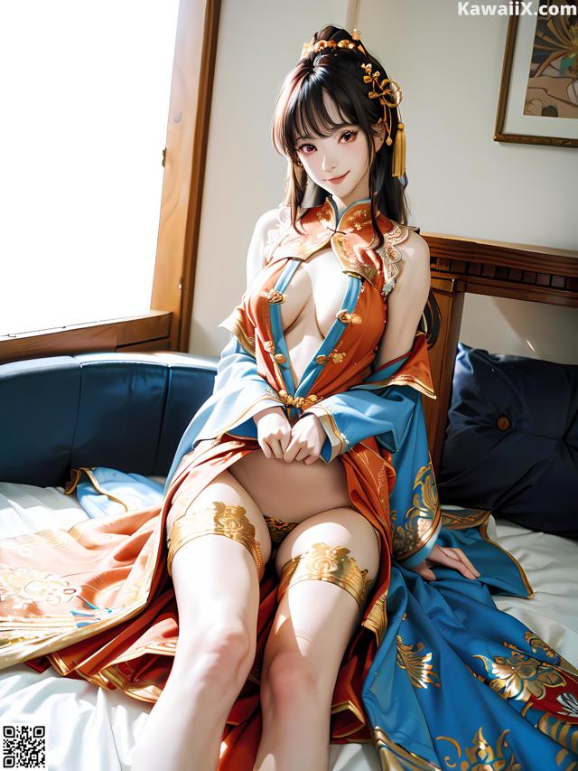 A woman in a blue and orange dress sitting on a bed.