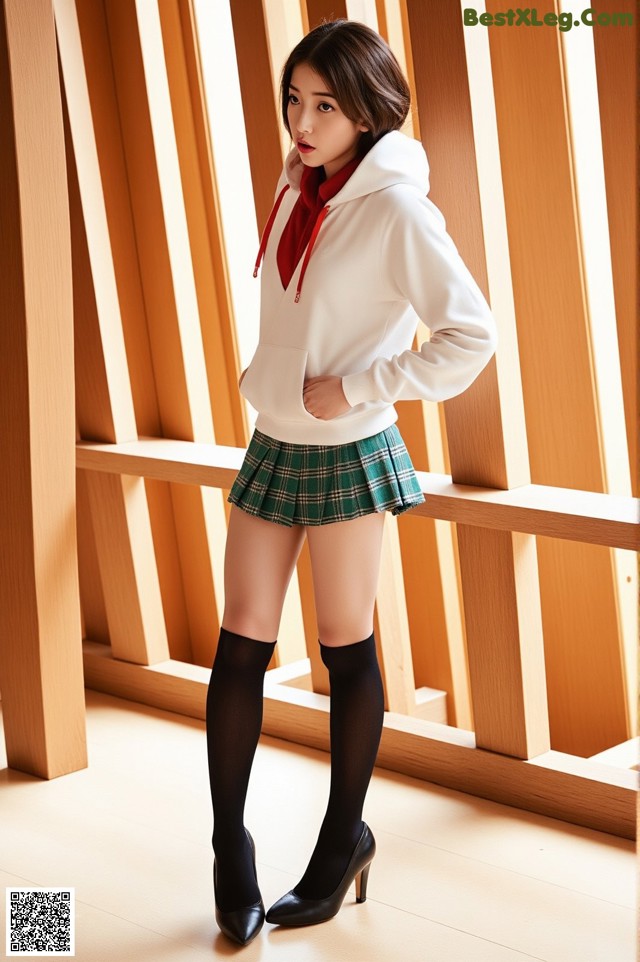 A woman in a school uniform posing for a picture.