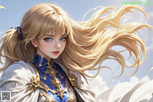 A woman with long blonde hair wearing a white and blue outfit.