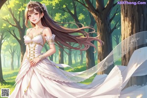 A woman in a wedding dress standing in the woods.