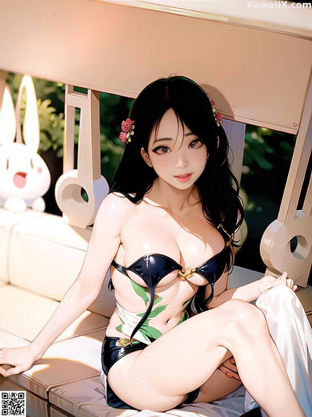 A woman in a bikini sitting on a couch next to a bunny.