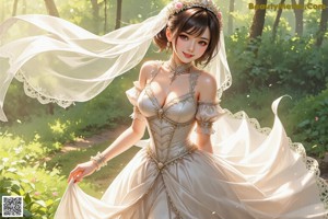 A woman in a wedding dress standing in the woods.