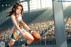 A girl in a cheerleading uniform dribbling a basketball on a court.