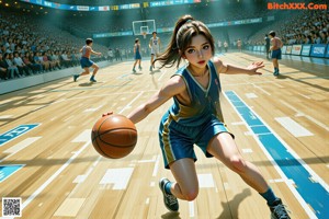 A woman in a Lakers uniform holding a basketball in front of a crowd.