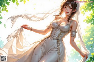 a woman in a wedding dress standing in the woods