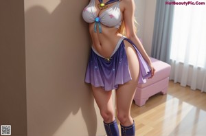 Anime girl with long blonde hair sitting on a chair.