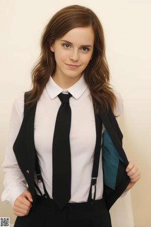 A woman in a suit and glasses sitting on a chair.