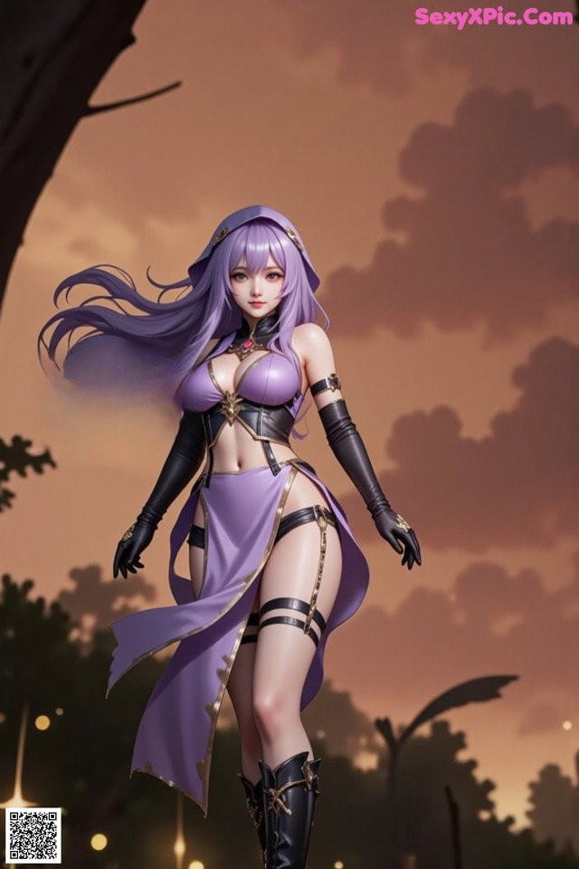 Hentai - The Velvet Nightfolds Embrace Her Regal Presence Set.2 20250124 Part 18 No.51d6ad A woman in a purple outfit is standing in front of a tree.