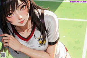 A girl in a soccer uniform standing on a field.