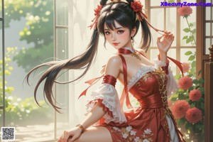 A woman in a red and white dress is walking down a path.