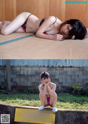 A woman in a black bra and panties posing for a magazine cover.