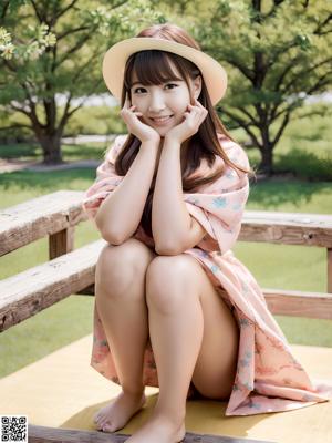 A woman in a pink dress and hat sitting on a wooden bench.