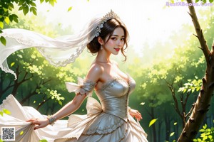 A woman in a wedding dress standing in the woods.