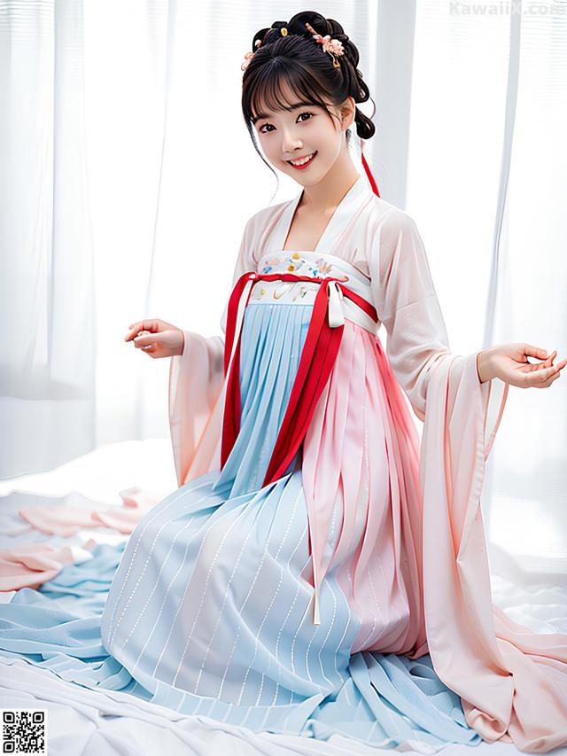 A woman in a blue and pink dress sitting on a bed.