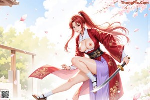 A woman in traditional attire holds a sword, surrounded by blossoms.