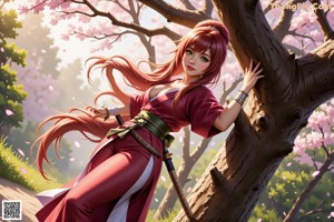 A woman in traditional attire holds a sword amidst a floral backdrop.