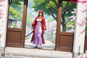 A woman with red hair and tattoos, wearing a blue and white outfit, poses outdoors with cherry blossoms.