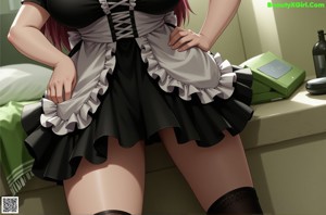 A woman in a maid outfit standing next to a horse.