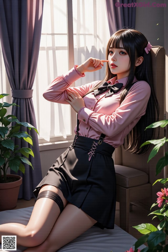 A woman in a pink shirt and black skirt sitting on a bed.