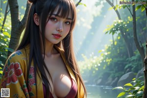 A woman in a kimono sitting on a log in the woods.