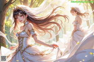 A woman in a wedding dress walking through a forest.