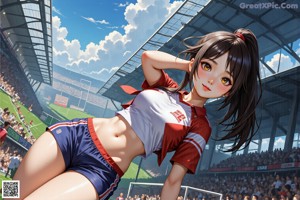 A girl in a red and white uniform standing next to a soccer ball.