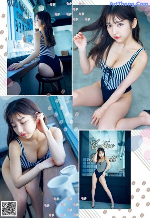 A woman in a black and white striped bathing suit sitting on the floor.