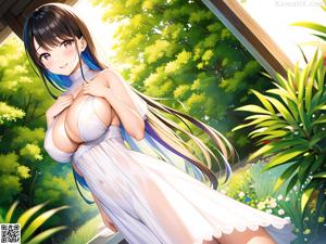 A naked anime girl sitting on a pier by the ocean.