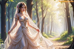 A woman in a wedding dress standing in the woods.