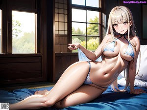 Anime girl in a white bra and panties posing for the camera.