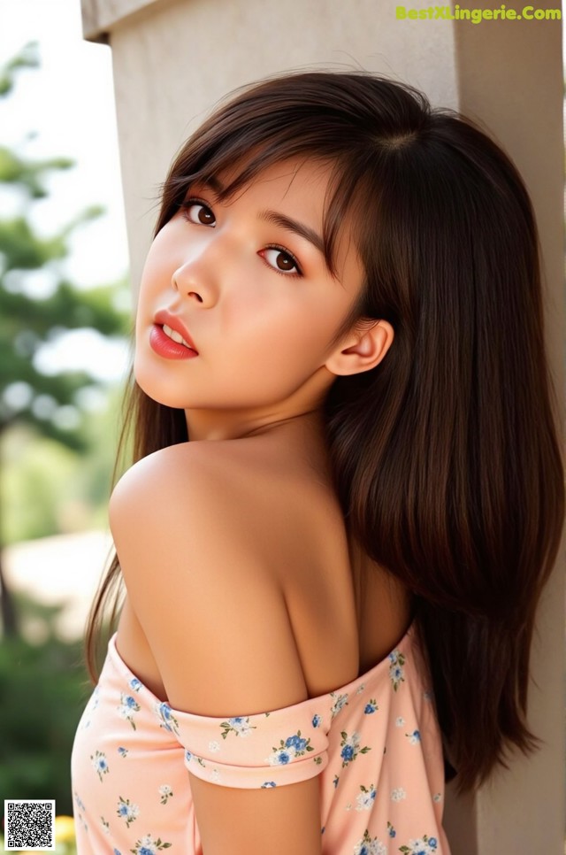 A woman with long brown hair leaning against a wall.