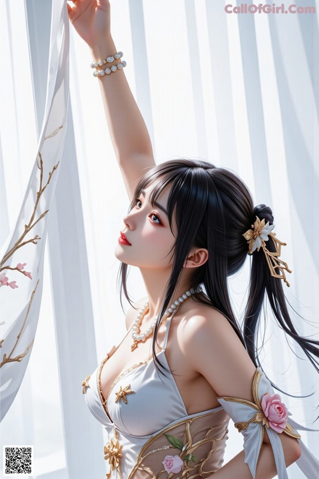 Hentai - The Frozen Elegance That Melts Starlight Set.1 20250104 Part 4 No.3059f8 A woman in a white dress holding a white curtain.