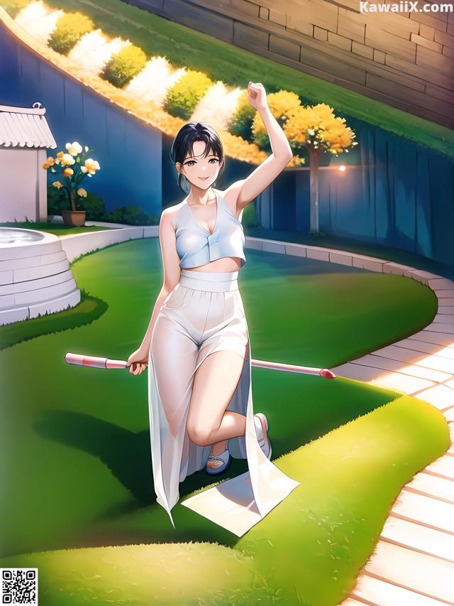 A woman in a white dress holding a baseball bat.