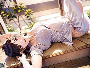 A woman sitting on a window sill next to a plant.