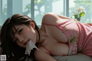 A woman in a pink dress sitting on a bed.