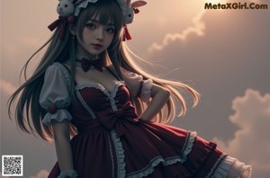 A woman in a red dress and a bunny hat.