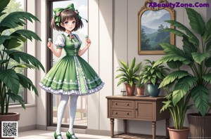 A woman in a green dress and white stockings posing for a picture.