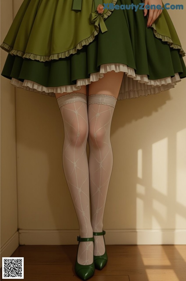 A woman in a green dress and white stockings.