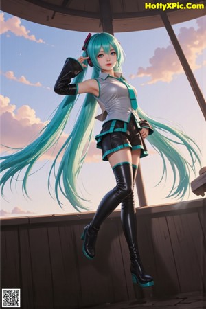 A woman with long green hair wearing a brown jacket and skirt.