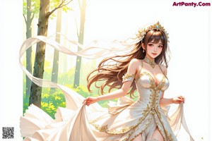 A woman in a wedding dress standing in the woods.