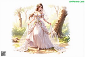 A woman in a wedding dress walking through a forest.