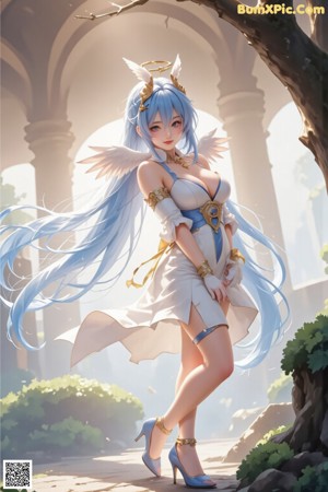 A woman with blue hair and white wings posing for a picture.