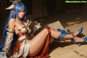 A woman in a red and gold outfit holding a sword.