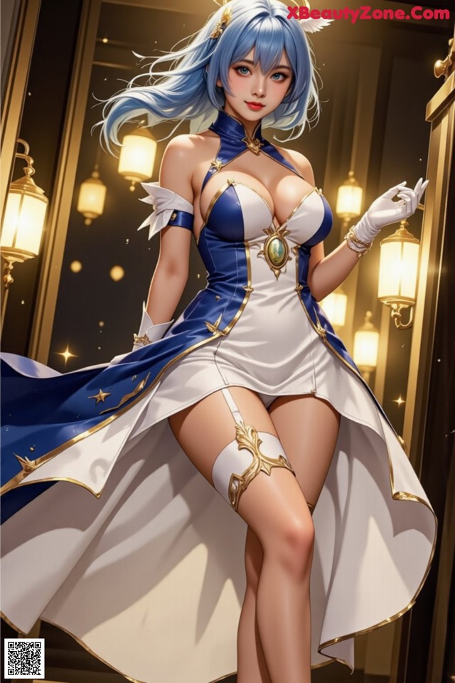 Hentai - Captivating Grace of the Cosmic Maiden Set.1 20250124 Part 2 No.c518b4 A woman in a blue and white dress is posing for a picture.