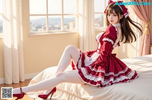 a sexy asian woman in a red and white dress posing for the camera