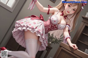 A girl in a pink dress with a red bow on her head.